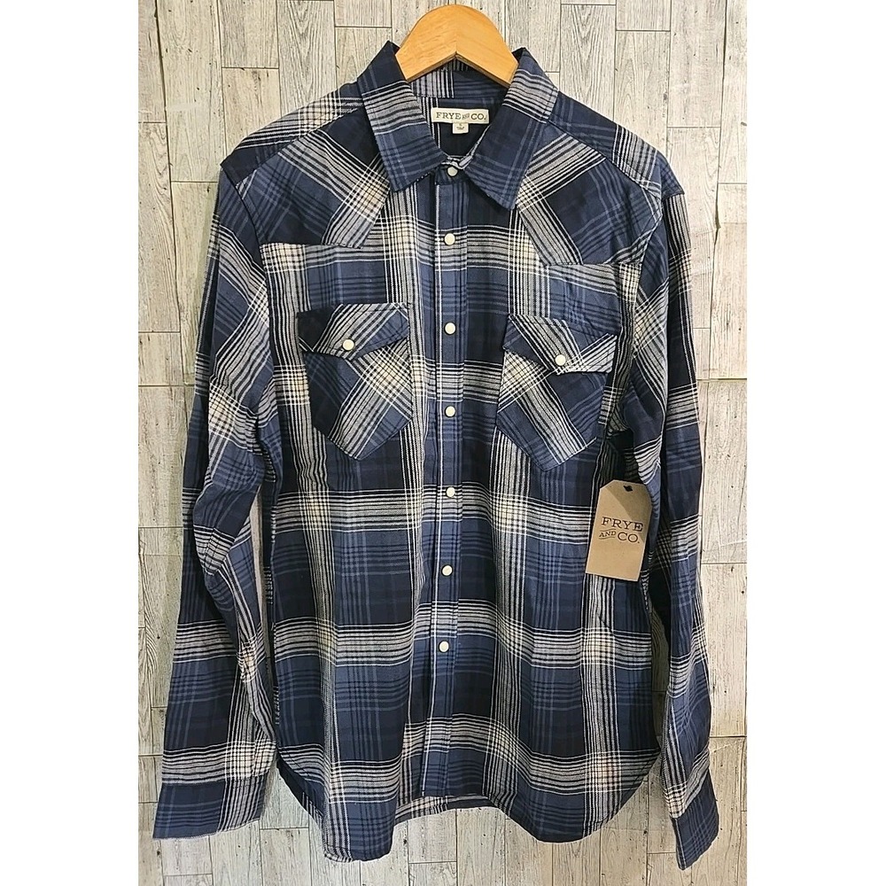Frye & Co Shirt SMALL Mens Pearl Snap Blue Plaid Long Sleeve NEW